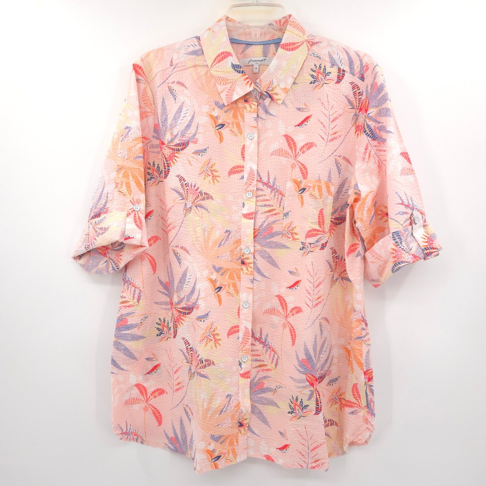 Foxcroft Tamara Shirt Womens 18 Pink Strawberry Tropical Seersucker Roll-Tab